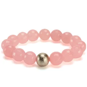 Faceted Rose Quartz 12mm Gemstone Bead Elastic Bracelet with Matte Silver Accent Bead