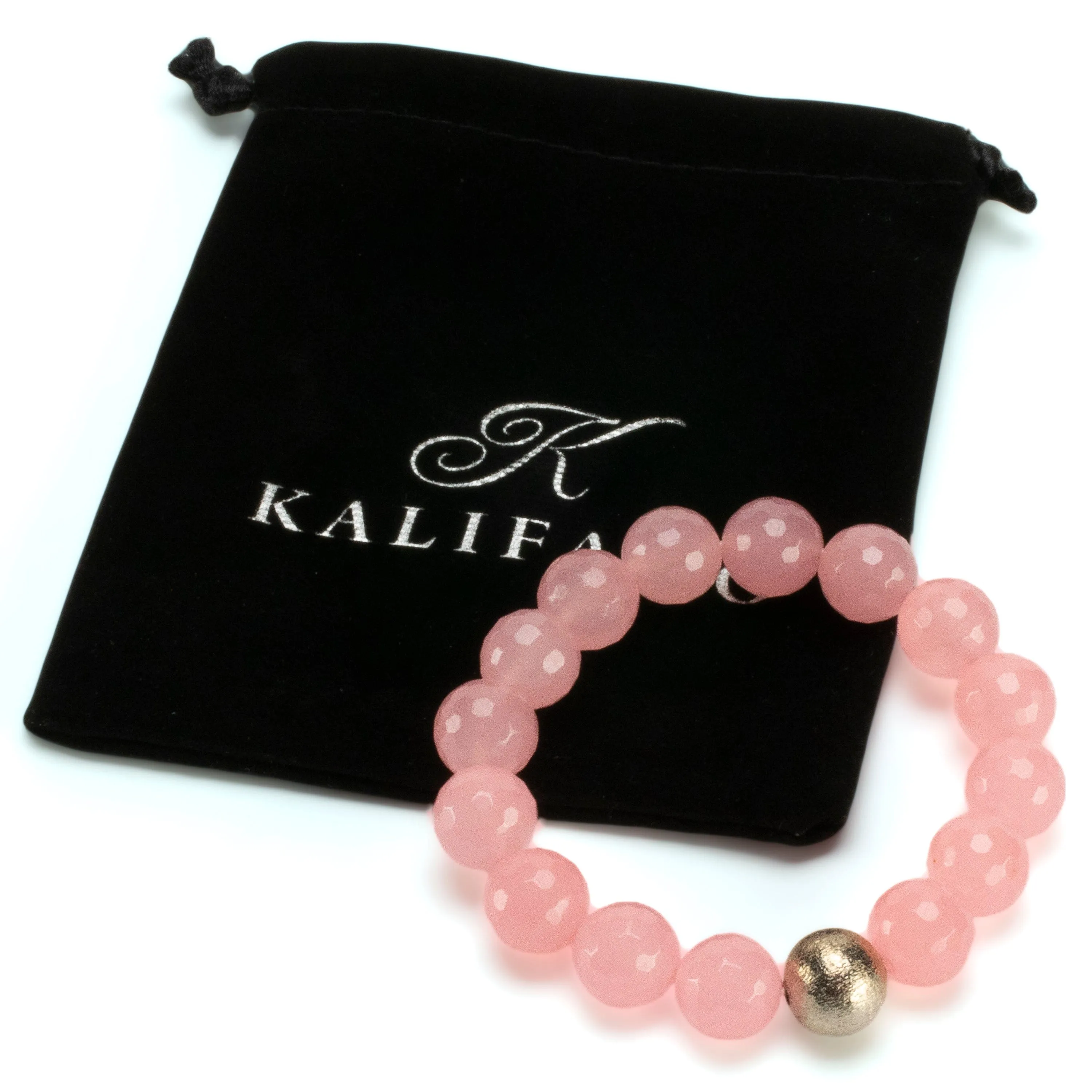 Faceted Rose Quartz 12mm Gemstone Bead Elastic Bracelet with Matte Silver Accent Bead