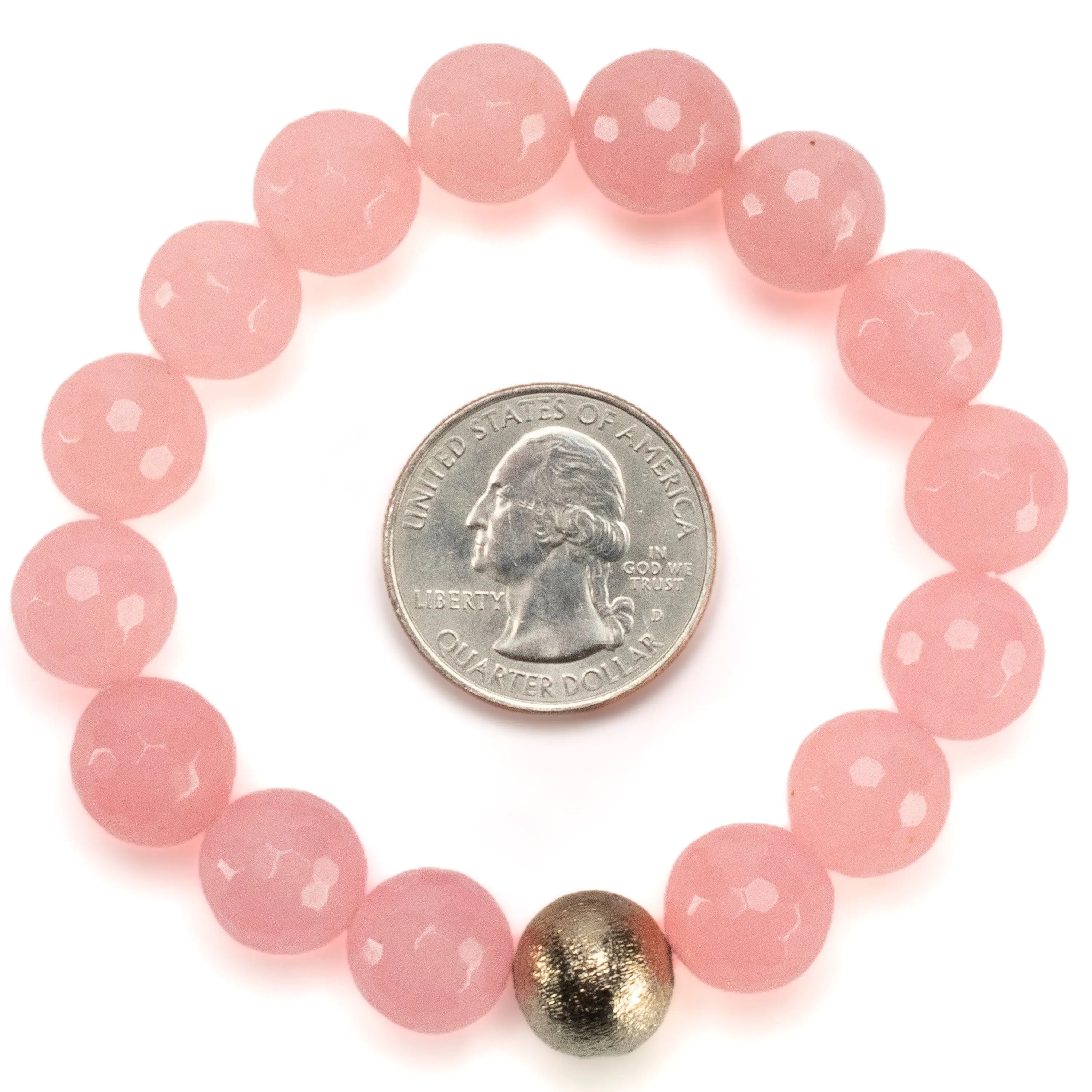 Faceted Rose Quartz 12mm Gemstone Bead Elastic Bracelet with Matte Silver Accent Bead