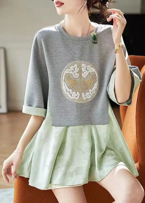 Fashion Green False Two Pieces Print Patchwork Cotton Top Summer BV008