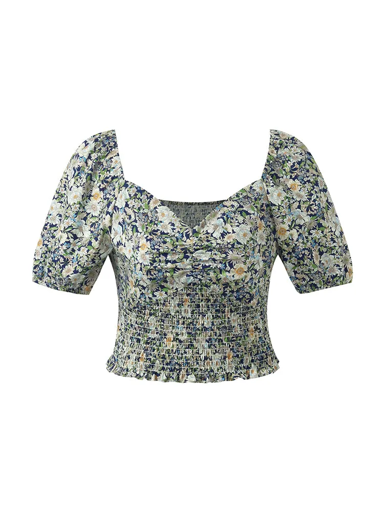 Floral Printed Square Neck Puff Sleeves Women Blouse