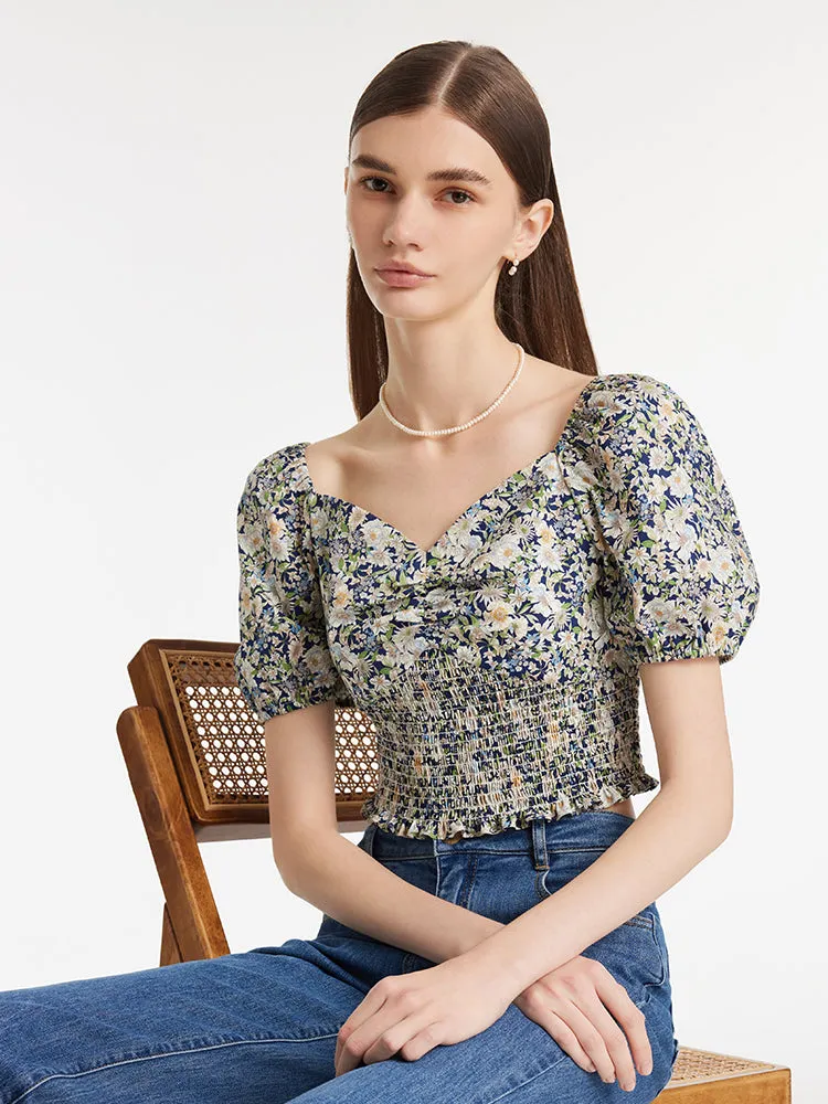 Floral Printed Square Neck Puff Sleeves Women Blouse