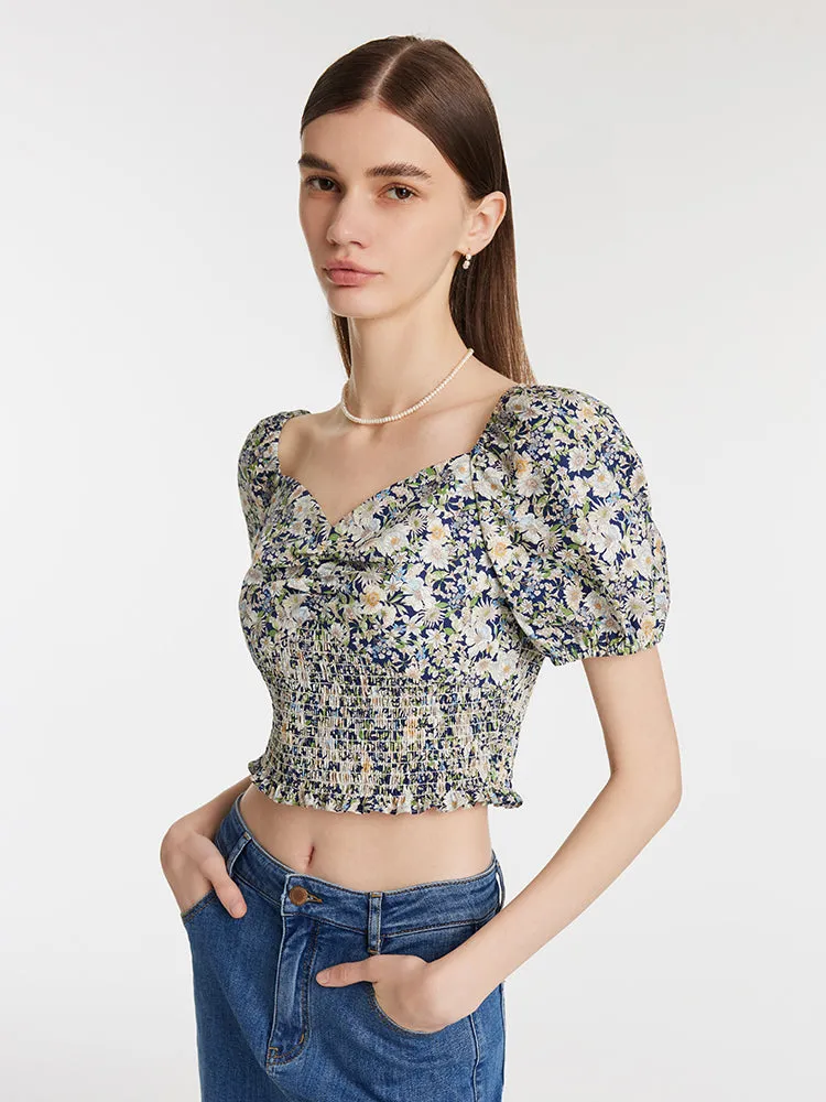 Floral Printed Square Neck Puff Sleeves Women Blouse