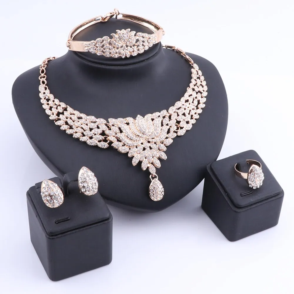 Flower and Crystal Necklace, Bracelet, Earrings & Ring Wedding Statement Jewelry Set