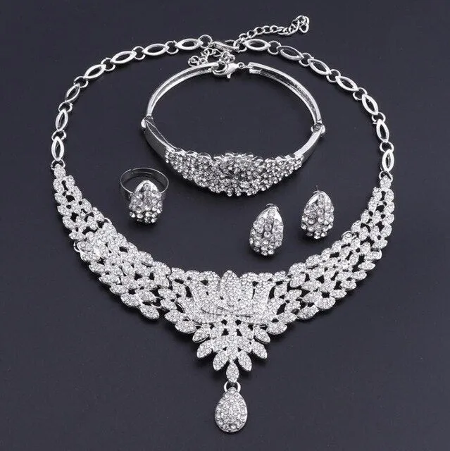 Flower and Crystal Necklace, Bracelet, Earrings & Ring Wedding Statement Jewelry Set