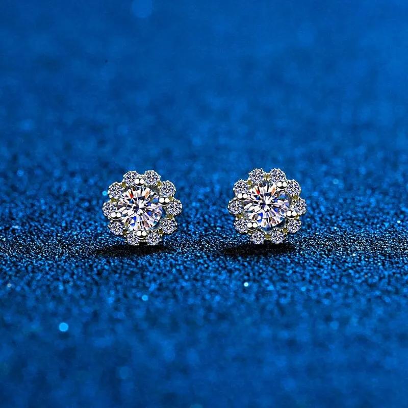 Flower Stud Diamond Earrings - 925 Sterling Silver