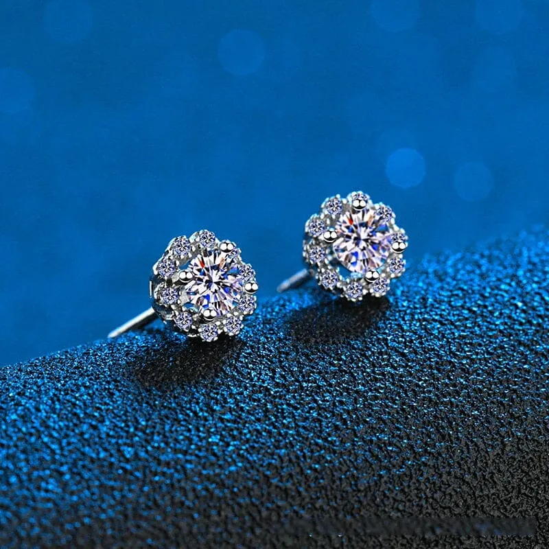 Flower Stud Diamond Earrings - 925 Sterling Silver