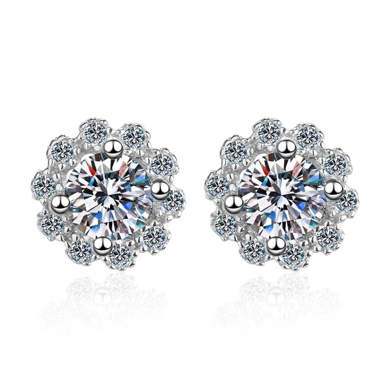 Flower Stud Diamond Earrings - 925 Sterling Silver