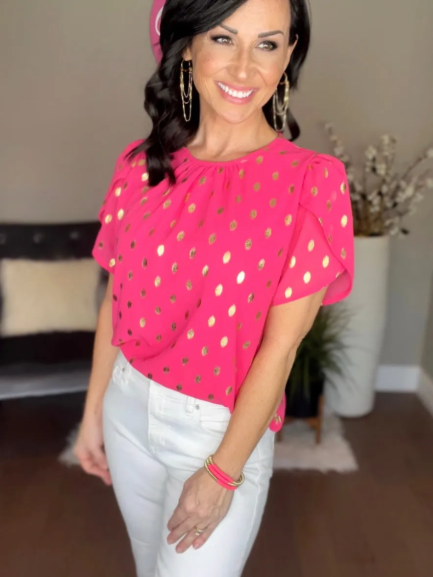 Fuchsia Round Neck Ruched Dot Print Loose Blouse