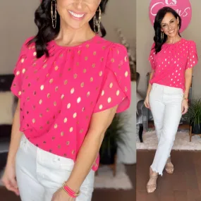 Fuchsia Round Neck Ruched Dot Print Loose Blouse