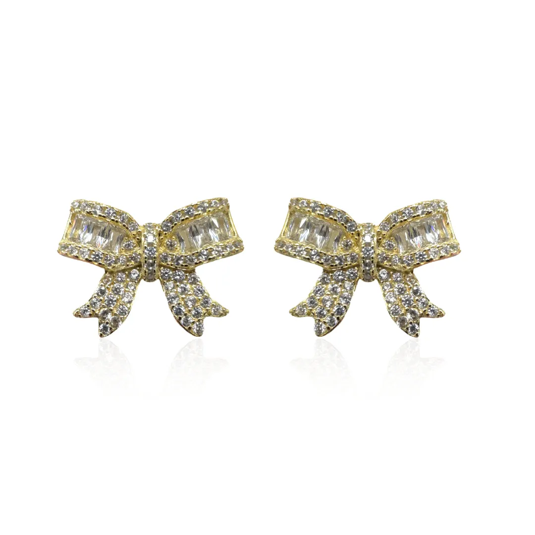 Gold Plated Baguette Bow With Ribbon Earrings