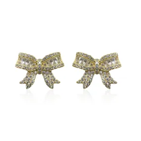 Gold Plated Baguette Bow With Ribbon Earrings