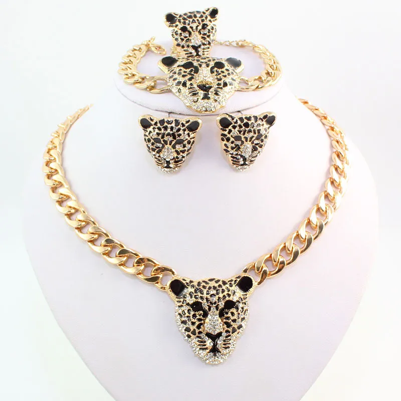 Gold-Plated Leopard Head Crystal Necklace, Bracelet, Earrings & Ring Wedding Statement Jewelry Set