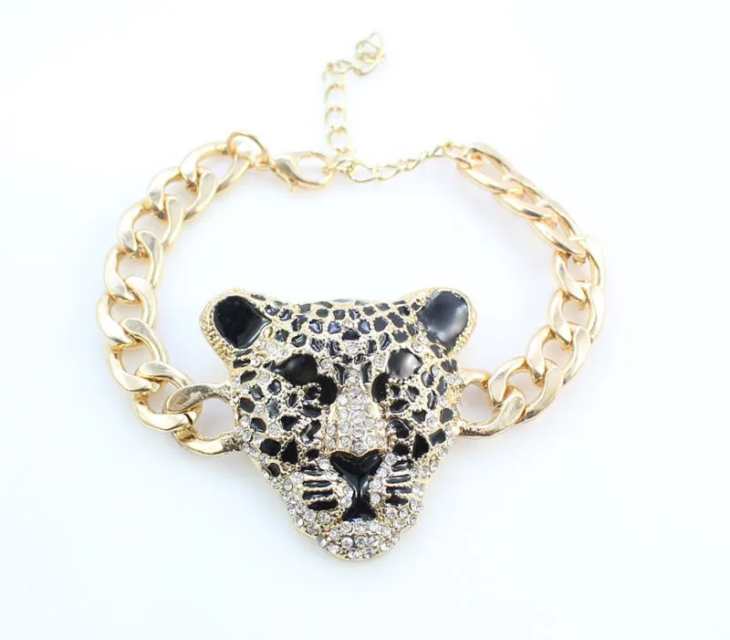 Gold-Plated Leopard Head Crystal Necklace, Bracelet, Earrings & Ring Wedding Statement Jewelry Set