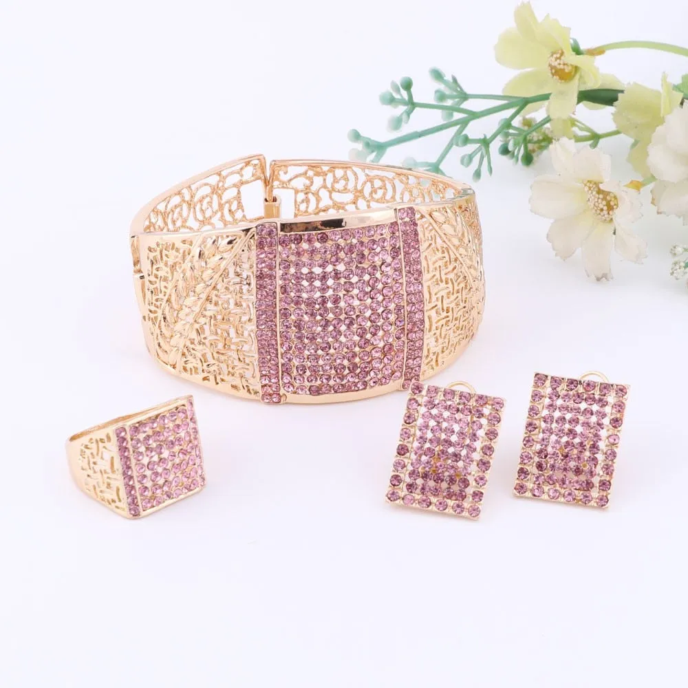 Gold-Plated Pink Austrian Crystal and Rhinestone Necklace, Bracelet, Earrings & Ring Wedding Jewelry Set