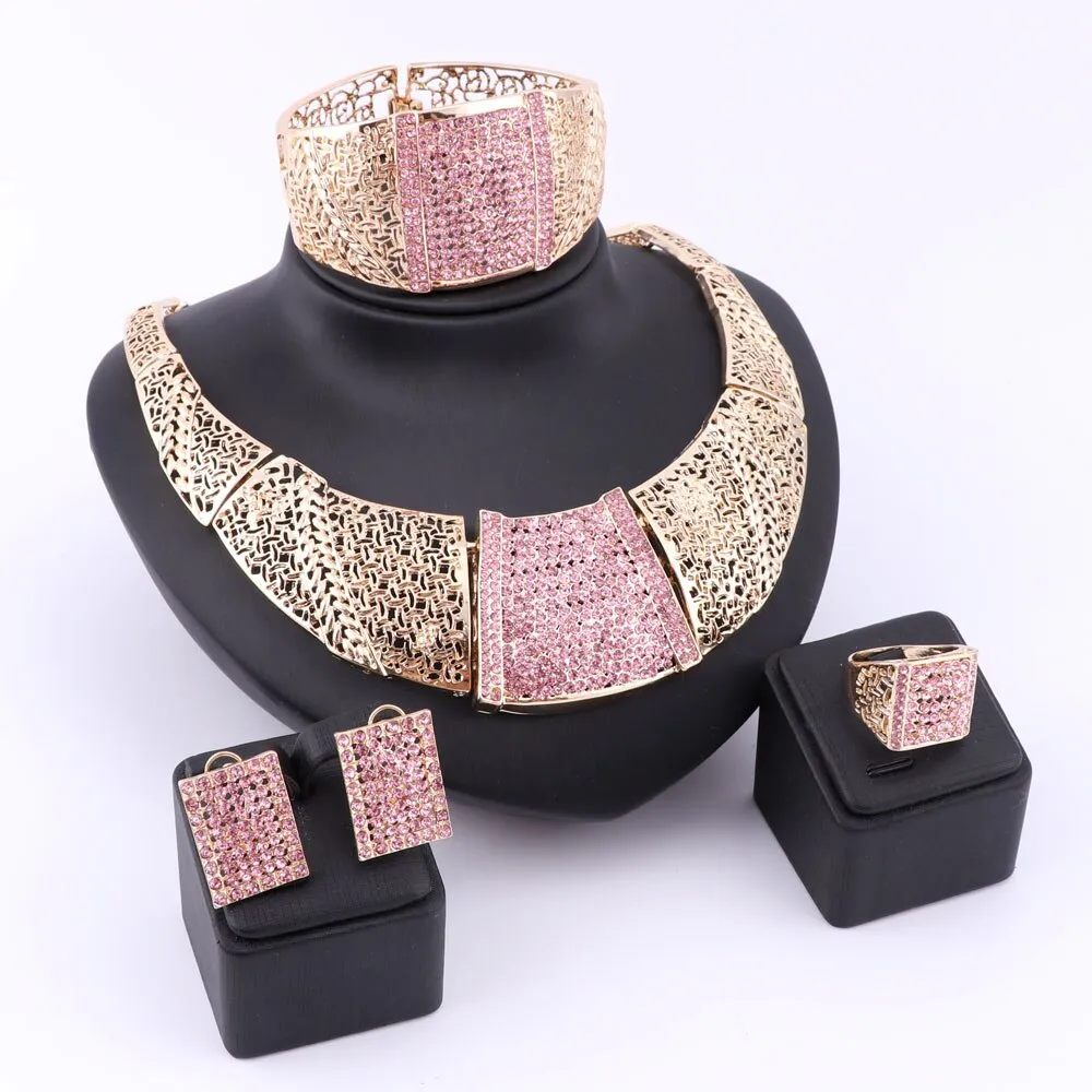 Gold-Plated Pink Austrian Crystal and Rhinestone Necklace, Bracelet, Earrings & Ring Wedding Jewelry Set