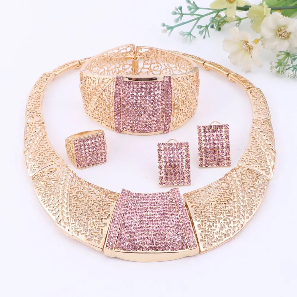 Gold-Plated Pink Austrian Crystal and Rhinestone Necklace, Bracelet, Earrings & Ring Wedding Jewelry Set