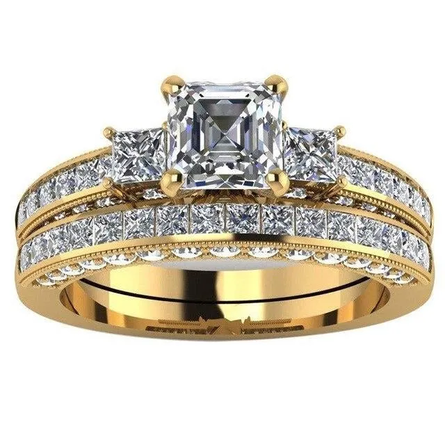 Gold/Silver and White Cubic Zirconia Stainless Steel Wedding Ring Set