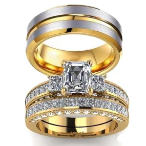 Gold/Silver and White Cubic Zirconia Stainless Steel Wedding Ring Set