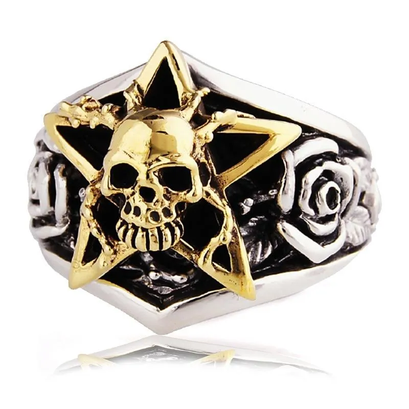 Gothic Gold-Plated Skull Star 925 Sterling Silver Vintage Punk Biker Ring