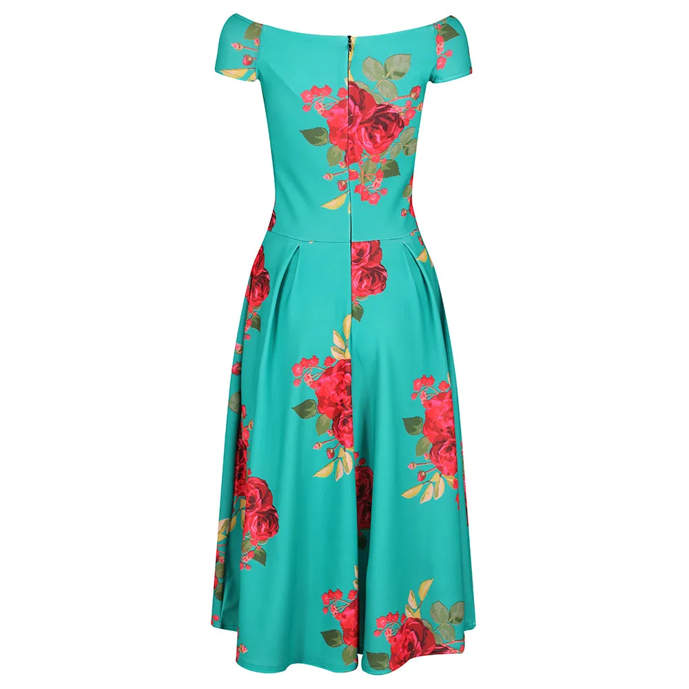 Green Red Rose Print Bardot 50s Swing Dress