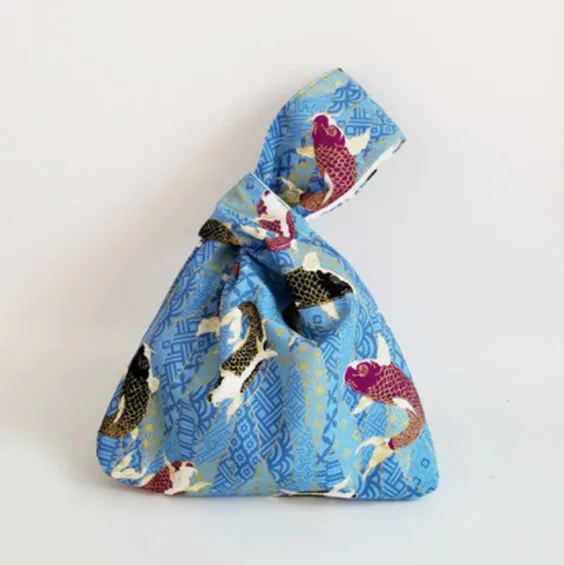 Handmade Japanese Knot bag - Koi Blue *Size S*