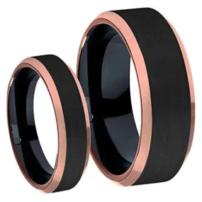 His & Hers Titanium Two-Tone Black IP & Rose Gold IP Beveled Edge Brushed Center Wedding Band Ring Set