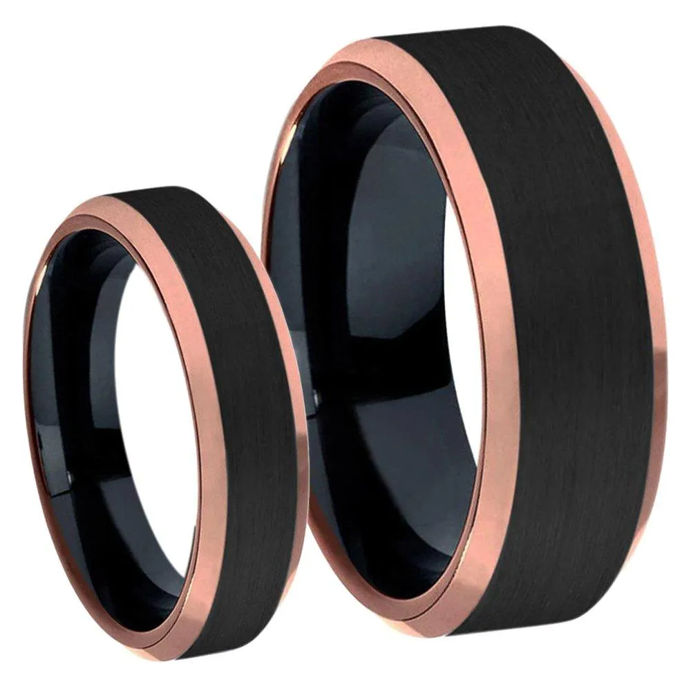 His & Hers Titanium Two-Tone Black IP & Rose Gold IP Beveled Edge Brushed Center Wedding Band Ring Set