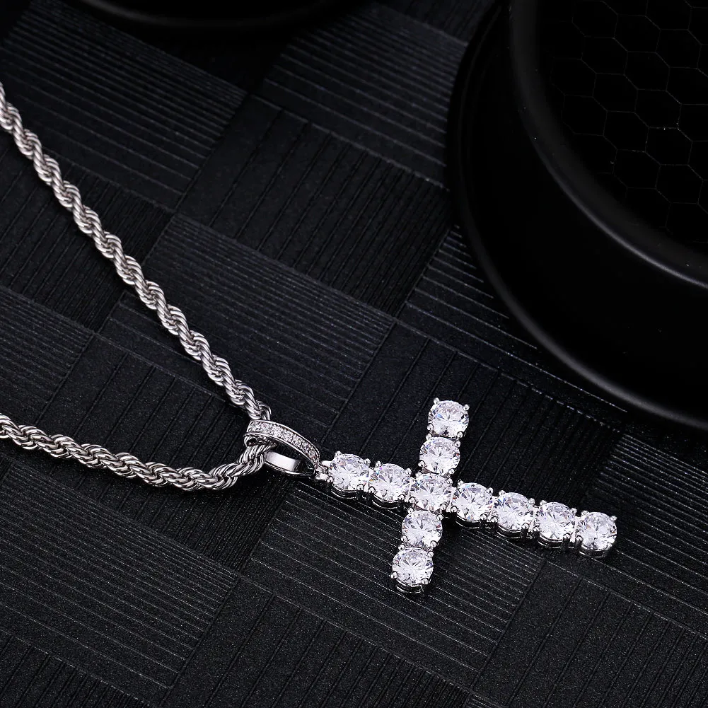 Iced Out Mens Cross Pendant Necklace in White Gold KRKC