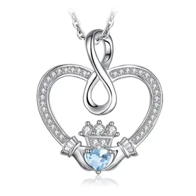 Infinity Claddagh & Blue Topaz Pendant Necklace 925 Sterling Silver