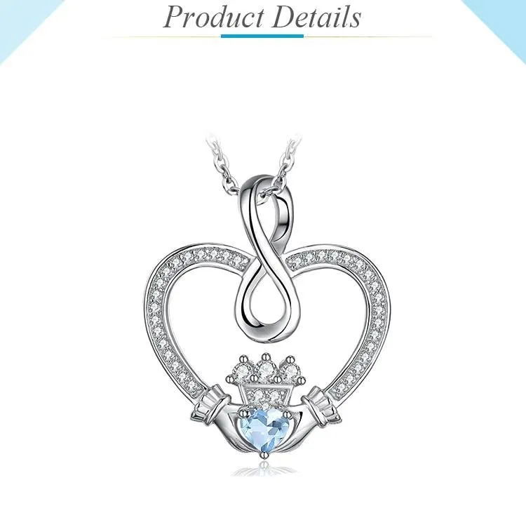 Infinity Claddagh & Blue Topaz Pendant Necklace 925 Sterling Silver