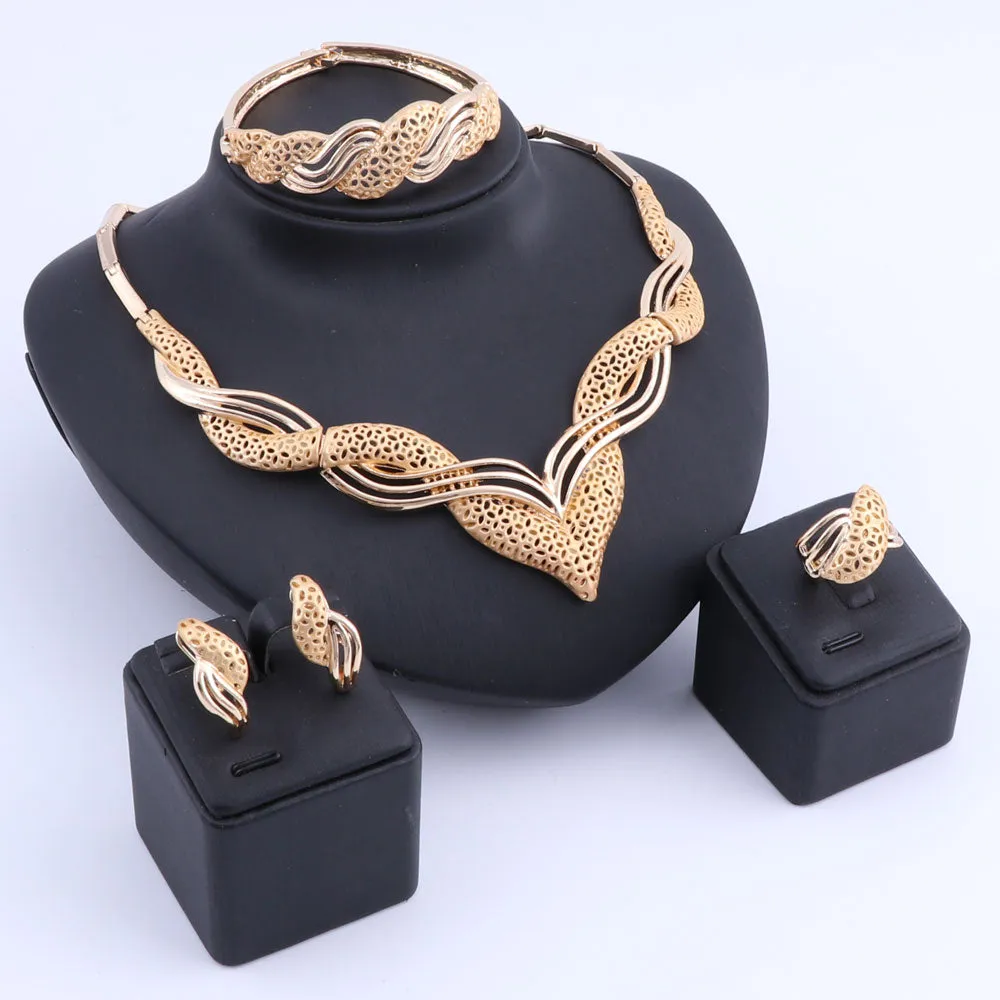 Interlaced Designs with Square Patterns Necklace, Bracelet, Earrings & Ring Wedding Statement Jewelry Set