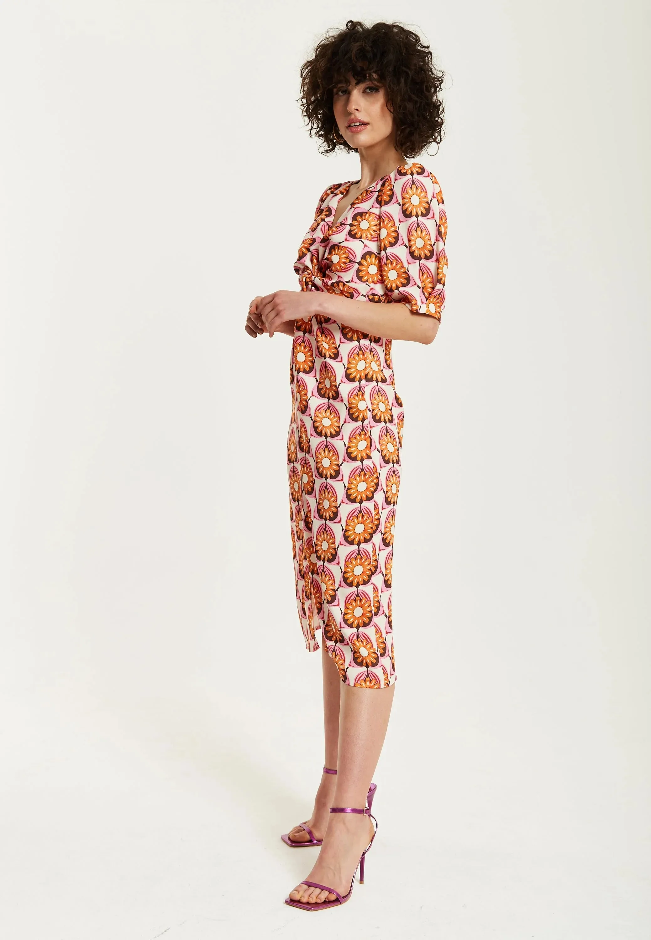 Liquorish Orange Floral Knot Front Midi Dress