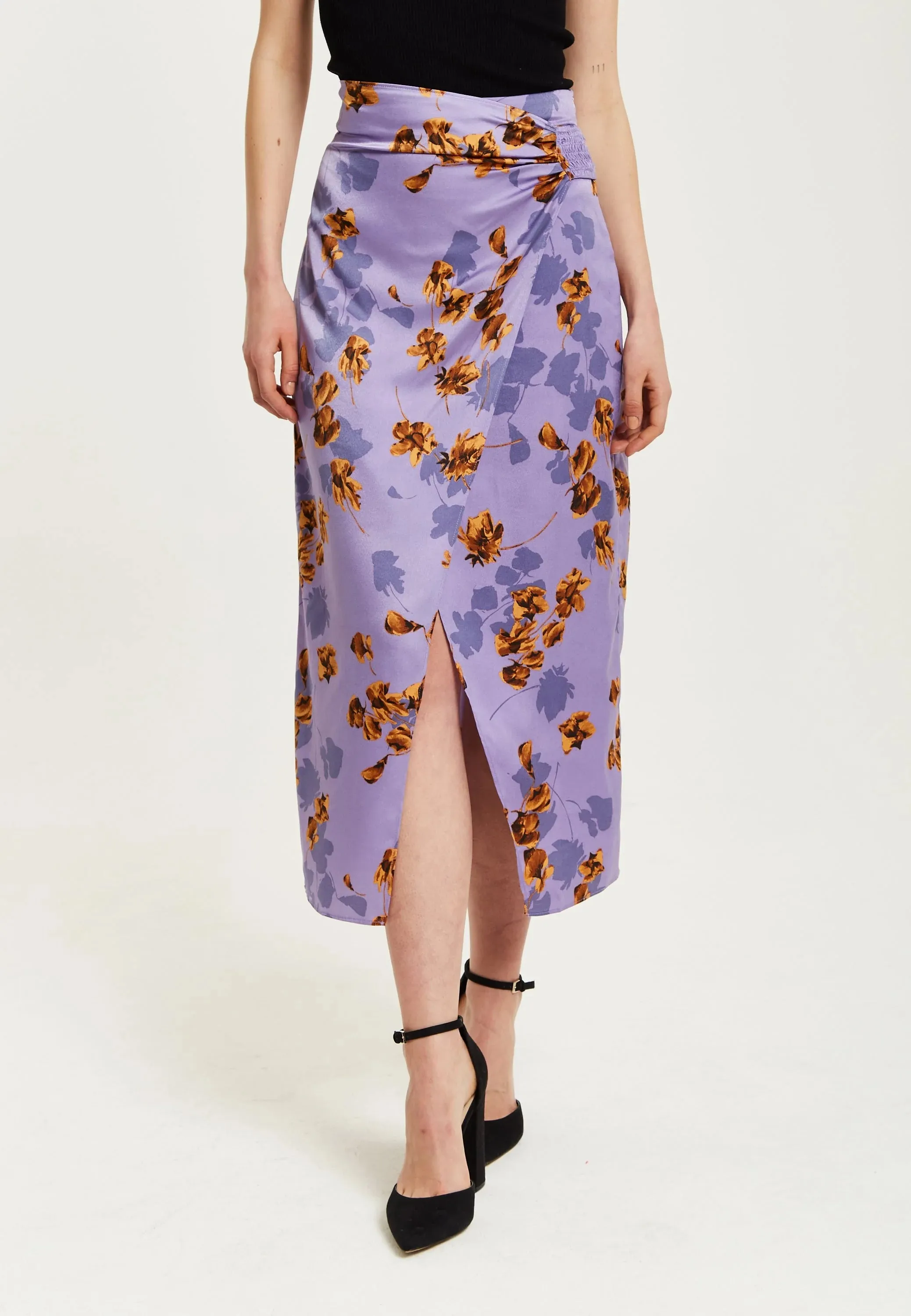 Liquorish Purple Floral Midi Skirt With Ruching Detail