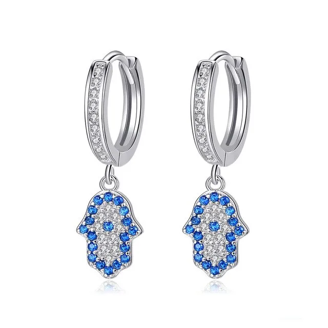 Lucky Blue Eye Hamsa Hand Cubic Zirconia 925 Sterling Silver Turkish Drop Earrings