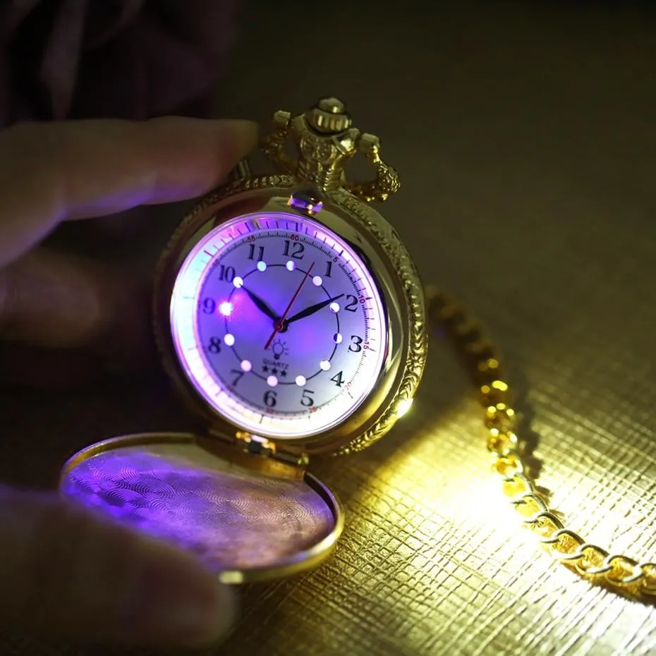 Luminous LED Light Classic Gold Pocket Watch