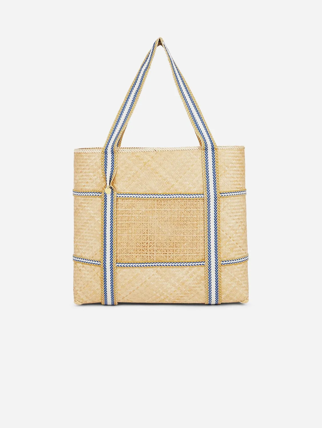 Malaka Handwoven Bamboo Vegan Medium Tote Bag | Natural & Blue Stripe