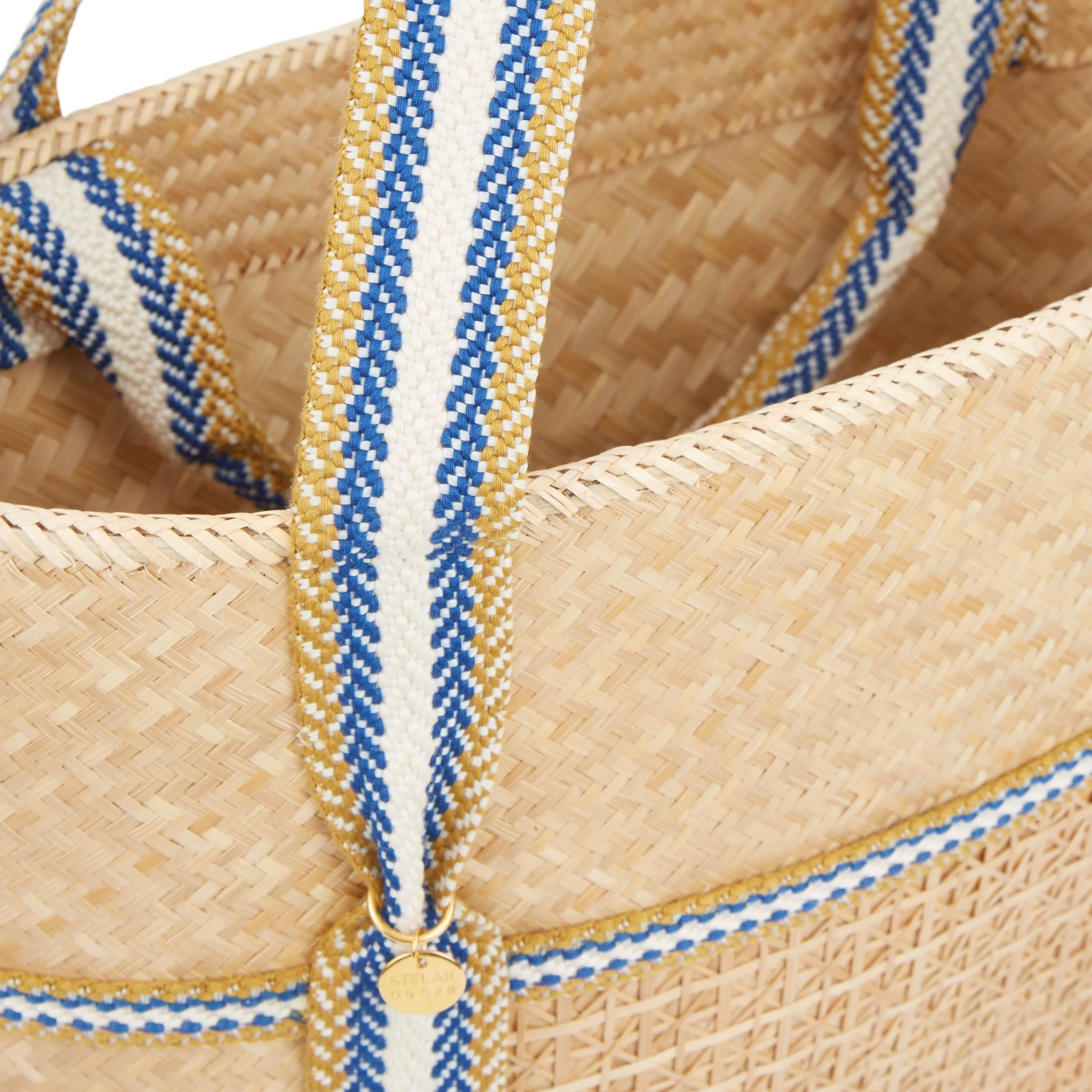 Malaka Handwoven Bamboo Vegan Medium Tote Bag | Natural & Blue Stripe