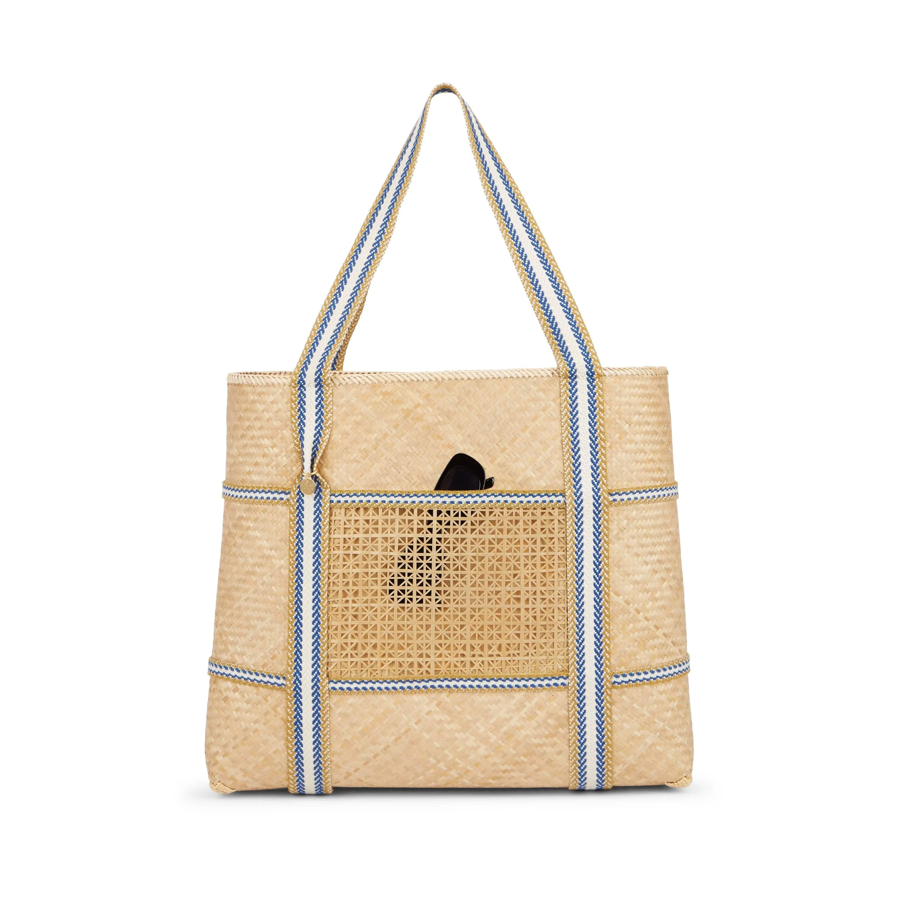 Malaka Handwoven Bamboo Vegan Medium Tote Bag | Natural & Blue Stripe