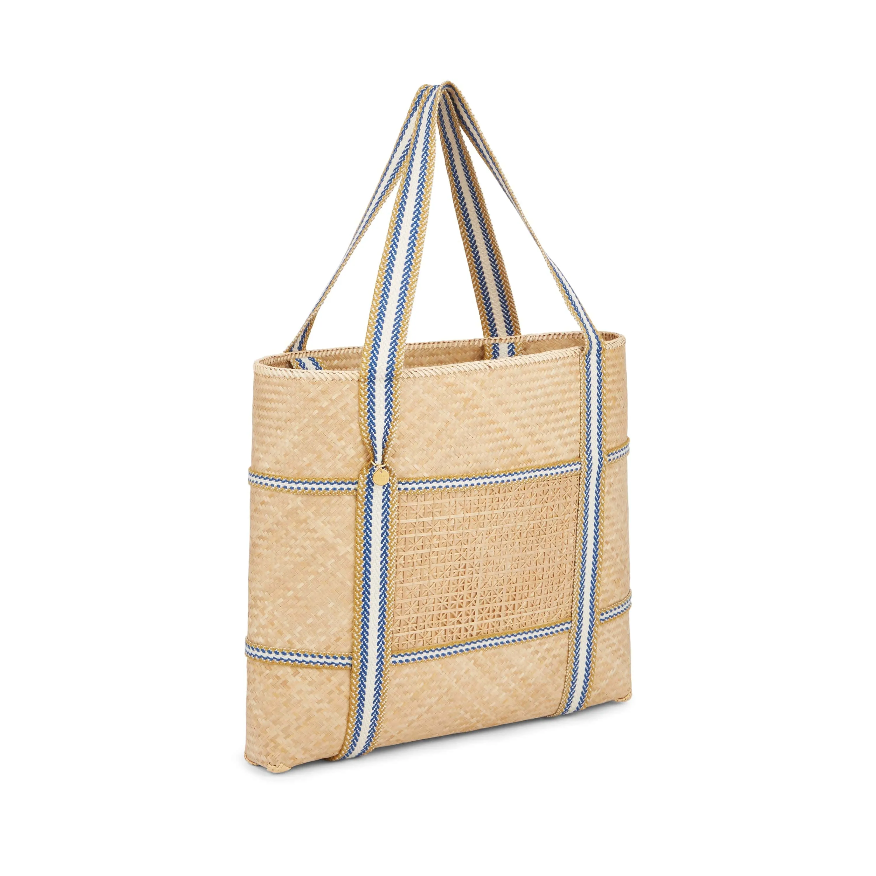 Malaka Handwoven Bamboo Vegan Medium Tote Bag | Natural & Blue Stripe