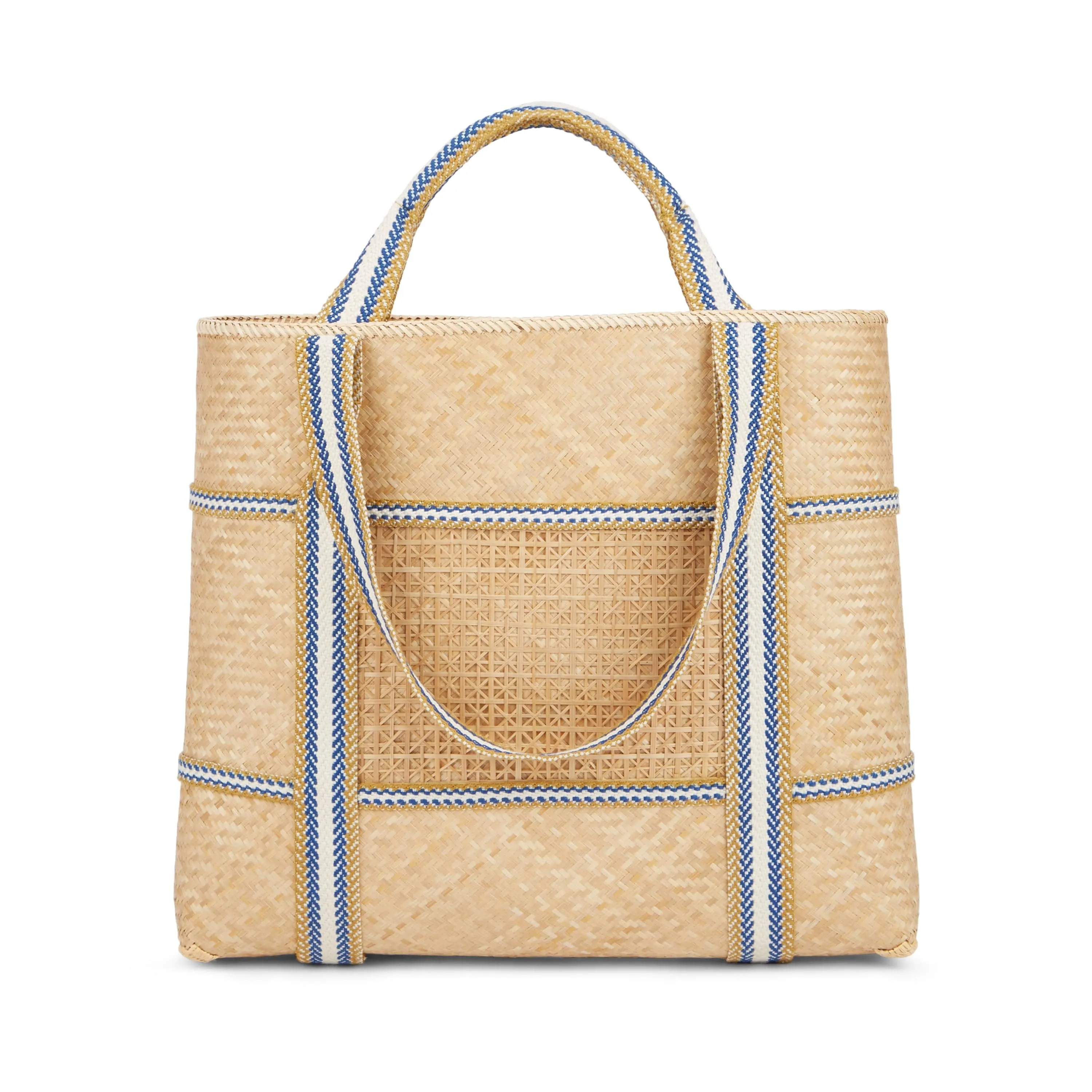 Malaka Handwoven Bamboo Vegan Medium Tote Bag | Natural & Blue Stripe