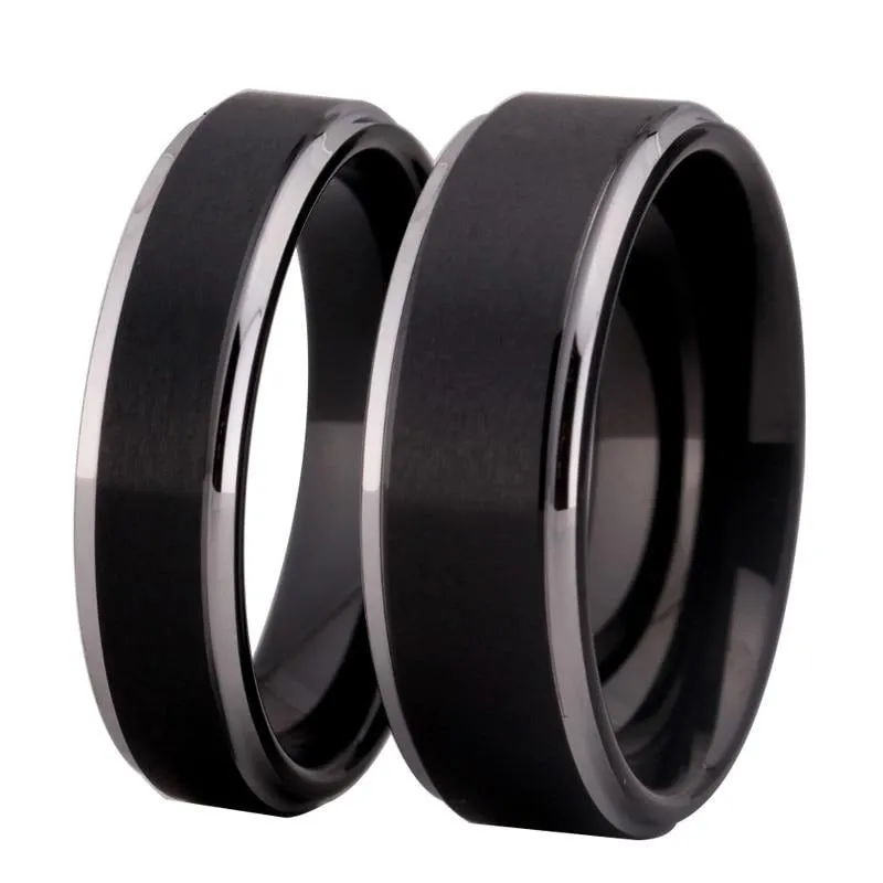 Matte Black with Silver Step Tungsten Wedding Ring Set