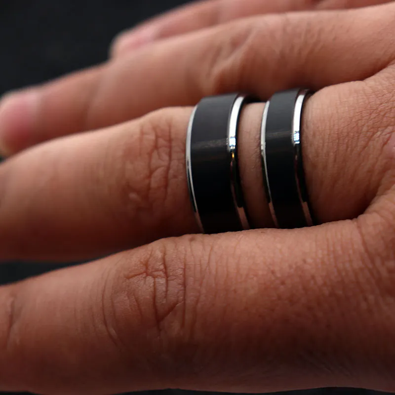 Matte Black with Silver Step Tungsten Wedding Ring Set