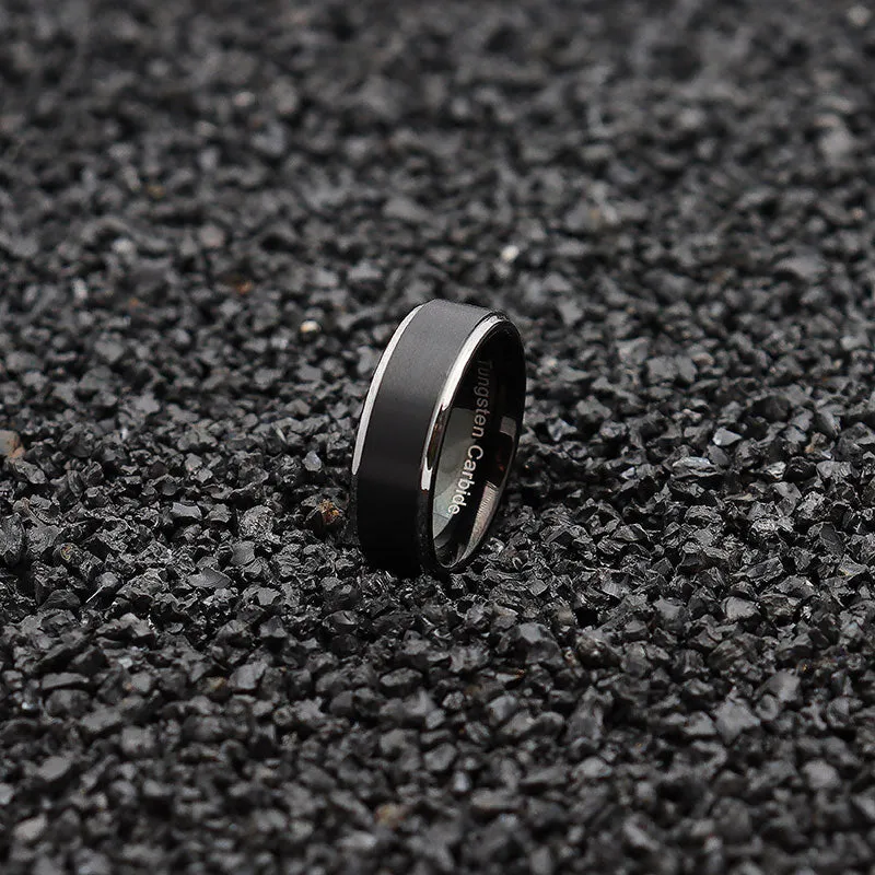 Matte Black with Silver Step Tungsten Wedding Ring Set