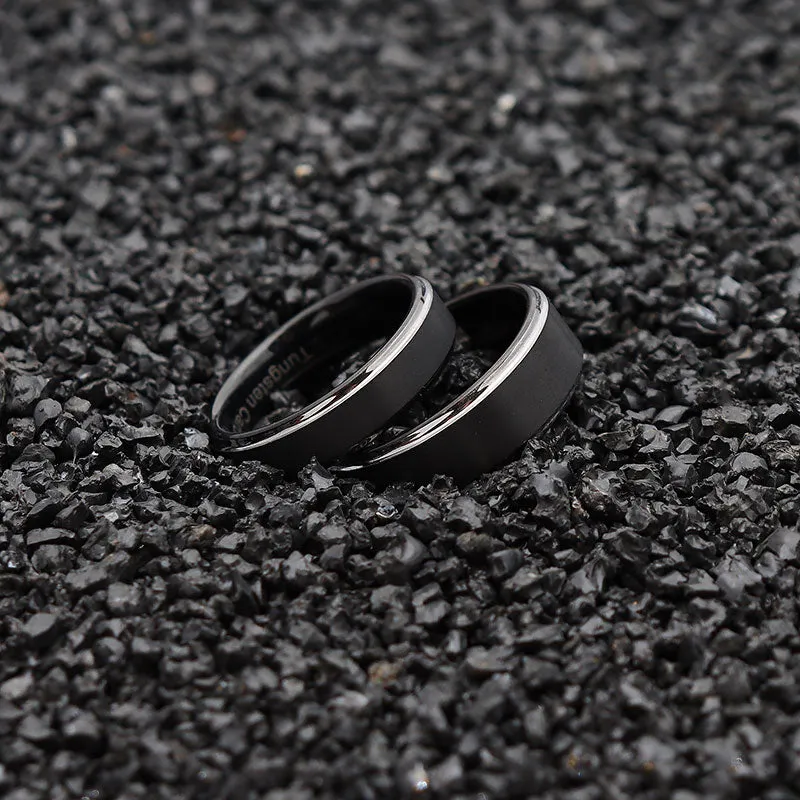 Matte Black with Silver Step Tungsten Wedding Ring Set