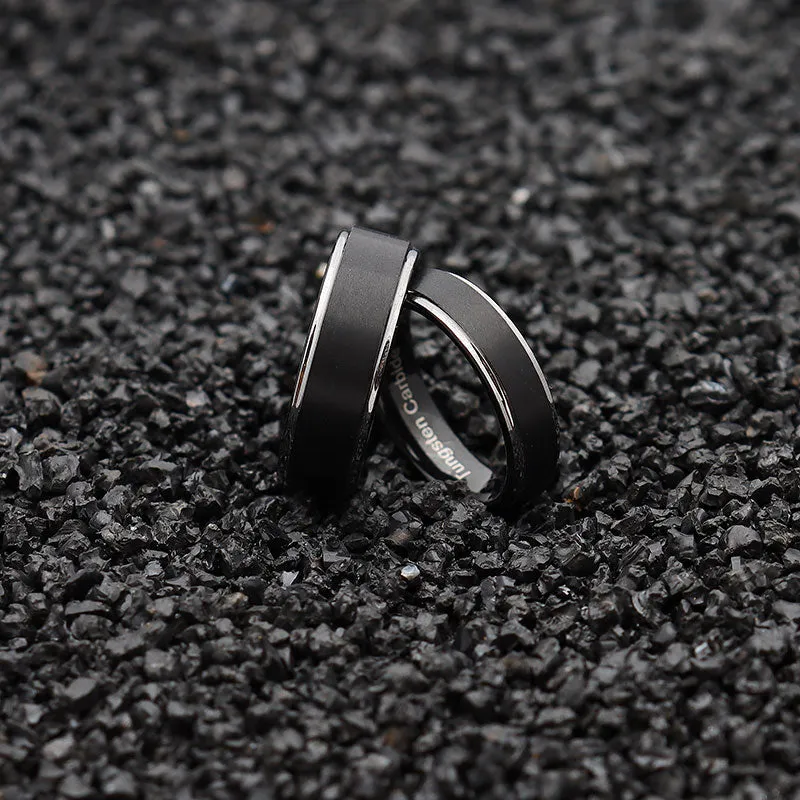 Matte Black with Silver Step Tungsten Wedding Ring Set