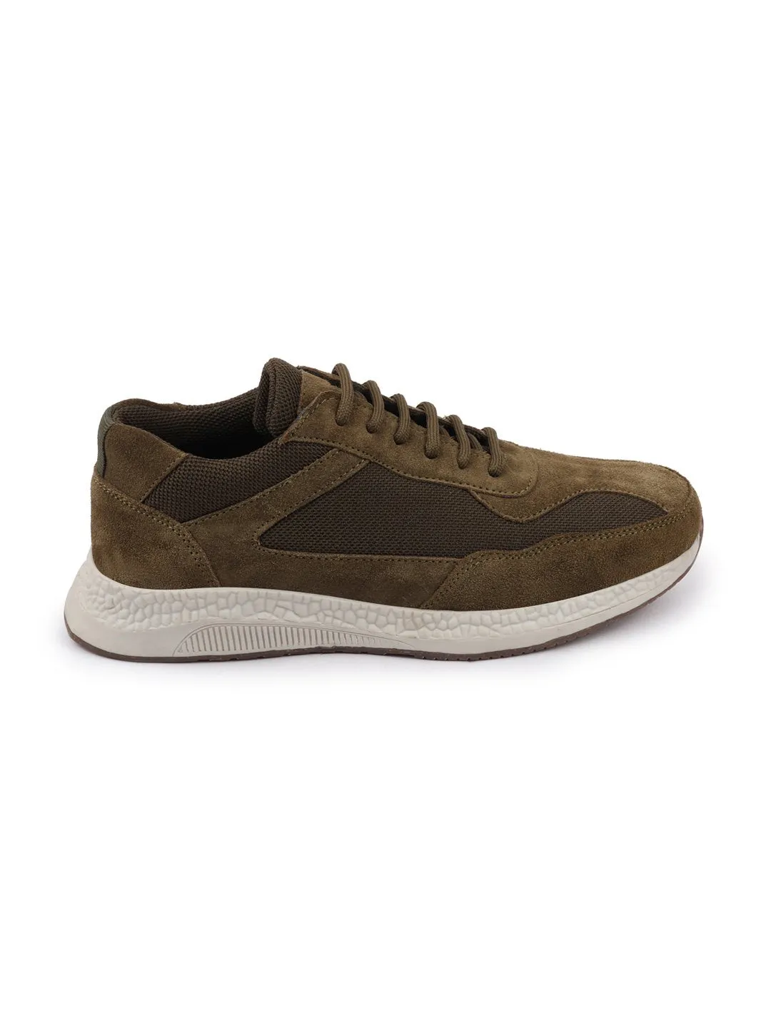 Men Olive Suede Leather Lace Up Casual Sneaker Shoes