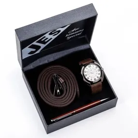 Men Quartz Watch, Leather Belt, and Ballpoint Pen Gift Box Set