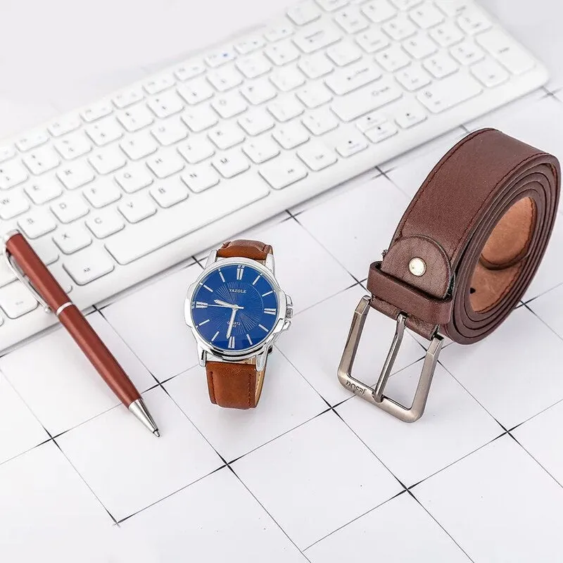 Men Quartz Watch, Leather Belt, and Ballpoint Pen Gift Box Set