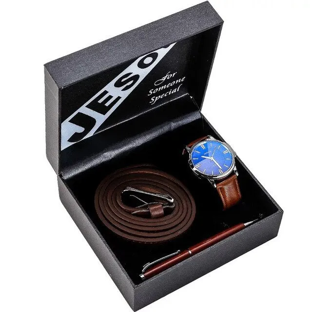 Men Quartz Watch, Leather Belt, and Ballpoint Pen Gift Box Set